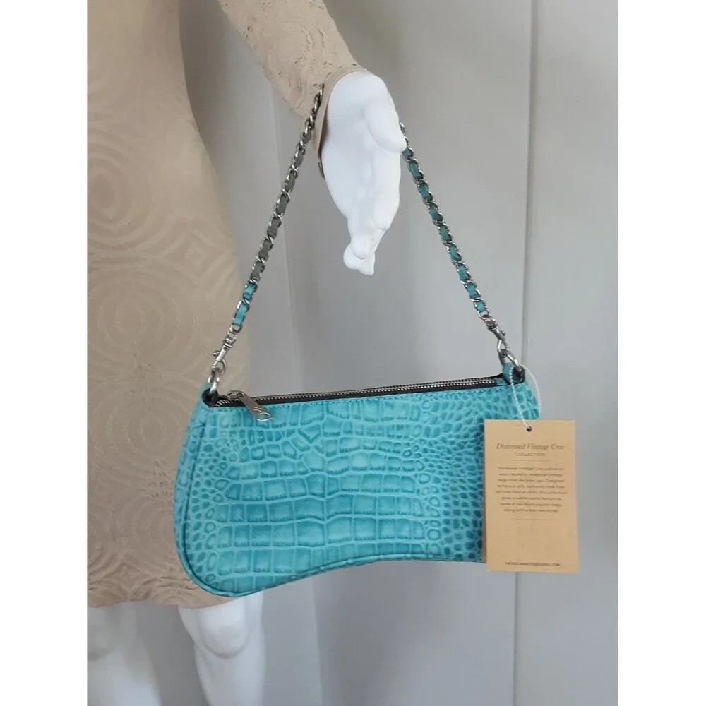 PATRICIA NASH Riley Aqua Croc Embossed Leather Baguette Crossbody - NWT
